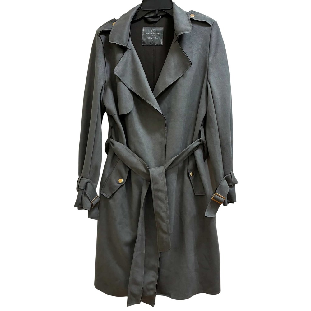Love For Humanity Trench Coat Women M Gray Faux Suede Belted Couture Long Jacket